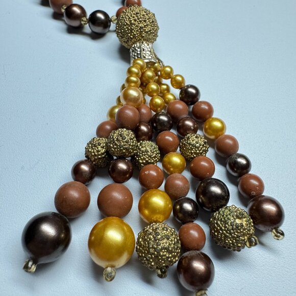 Vintage Beaded Necklace with Tassel Pendant Faux Plastic Pearls Brown and Gold - Picture 2 of 8